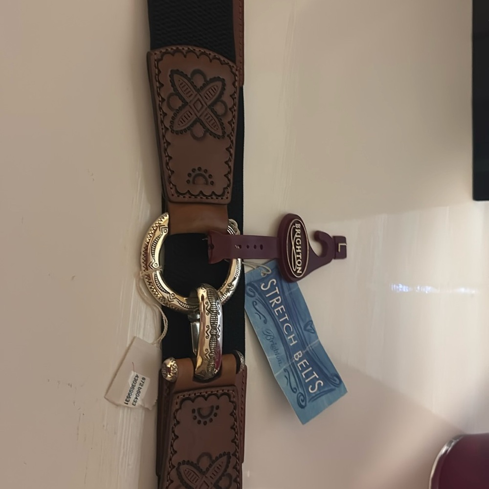 Brighton black and brown stretch belt with silver buckle. Size large